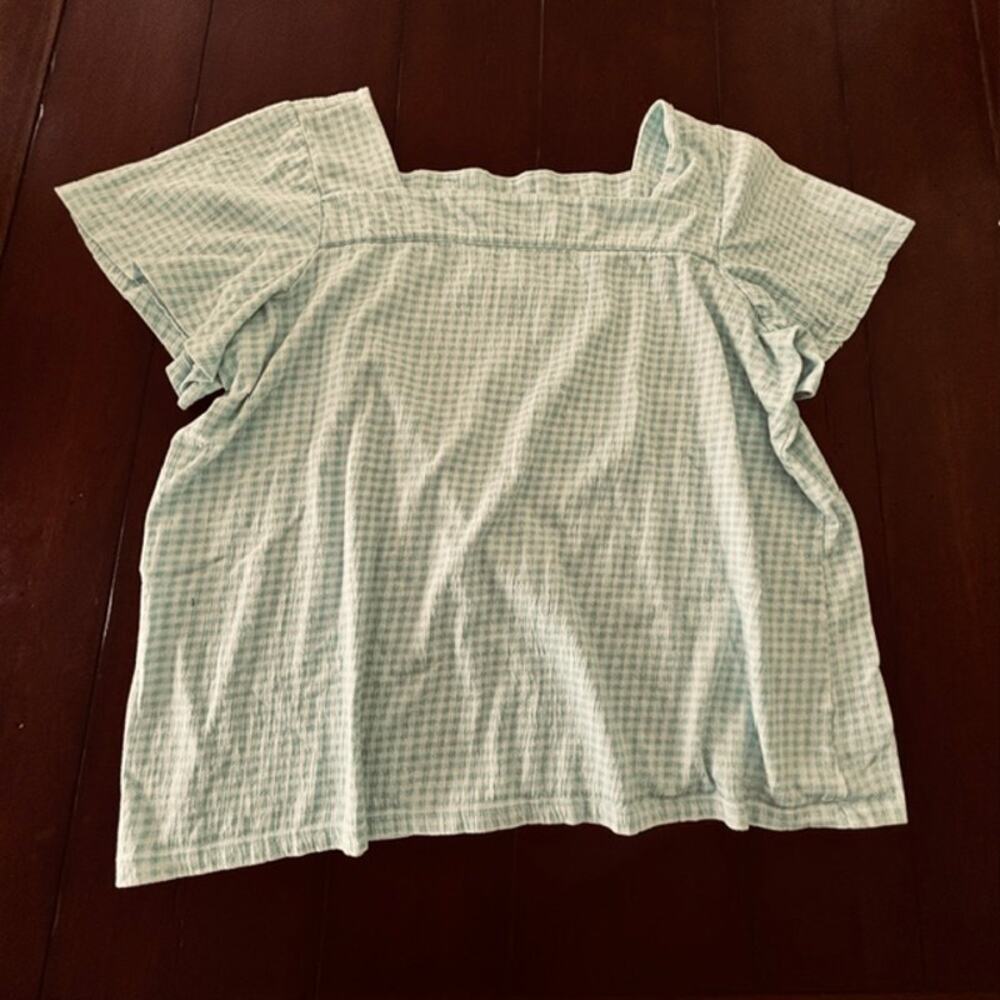 Lands’‎ End Women’s XL Green White Gingham Blouse Square Neck Cottagecore Top